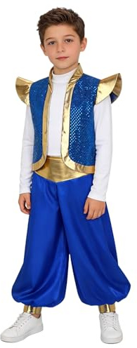 Msemis styck prinskostym för barn från arabien öppen glänsande väst breda sidenbyxor sagokostym cosplay karneval halloween blå 146–152
