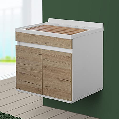 FERIDRAS Mobile lavatoio sospeso 60x50 cm, 2 Ante con Vasca in Resina, Completo di ASSE di Lavaggio e Kit sifone (Rovere)