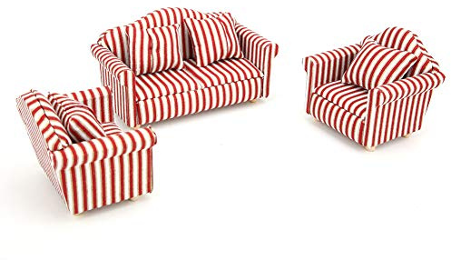 3 pcs 1:12 Maison de poupée canapé Ensemble Mini Maison de poupée décoration Orange Rouge Or rayé Tissu en Bois Mini Miniature Salon Enfants Jouer Jouet décoration pour Maison de poupée Meubles avec