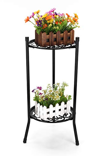Youyijia Plant Stand Indoor 2 Tier Metal Tall Plant Holder Flower Pot Rack for Home Outdoor Garden 50x30cm Black