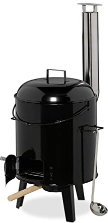 Relaxdays Barbacoa Portátil con Olla Esmaltada, con Tapa y Cucharón, 14 litros, Parrilla, Exterior, 90x48x69 cm, Negro