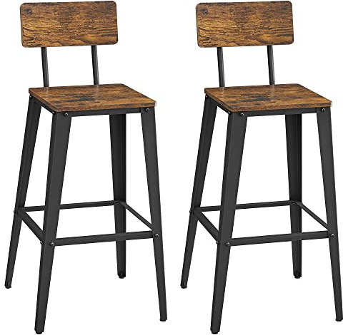 VASAGLE Barhocker, 2er Set, Barstühle, Küchenstühle, mit Rückenlehne, Stahlgestell, einfache Montage, Industrie-Design, vintagebraun-tintenschwarz LBC078B01