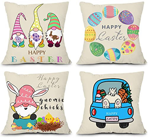 FJPT Easter Throw Pillow Covers 18x18 Set of 4 Spring Easter Gnomes Rabbit Bunny Eggs Truck Pillow Cushion Case for Sofa Couch Farmhouse Outdoor Holiday Easter Decorations