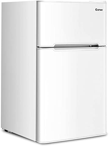 COSTWAY 90L Freestanding Undercounter Refrigerator, 2 Reversible Door Standard Mini Fridge Freezer with Adjustable Thermostat, Removable Glass Shelves, LED Light for Dorm Apartment Office (White)