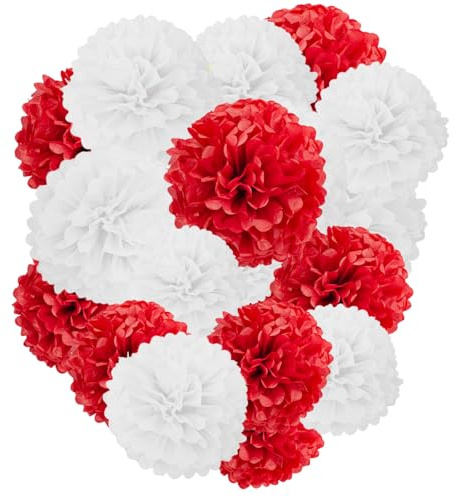Capesaro Red and White Paper Pom Poms - 10,12 Tissue Pom Poms Decorations for Party Hanging Decor - 12 Piece Set