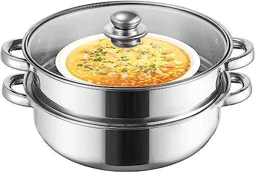 ZENFUN 2.1L Steamer Pot with Steamer Insert, 2 Tier Stack and Steam Pot Set with Glass Lid, Stainless Steel Saucepot Double Boiler Steaming Cookware for Kitcken Cooking, Double Handle, 28CM