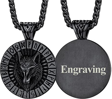 FaithHeart Collar Personalizado Cabeza Lobo con Letra Runa Collar Vikingo Hombre Acero Inoxidable 316L Animal Nórdico Medalla Vikinga Amuleto Familias