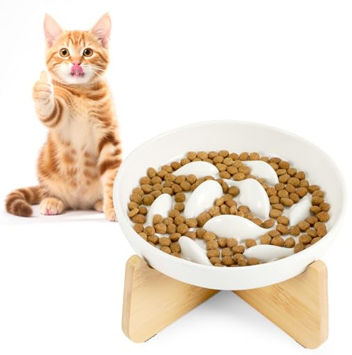 HAPPY HACHI Anti Schling Katzennapf Erhöht, Keramik Slow Feeder Katze Nassfutter, Langsam Fütterung Katze Futternapf rutschfest, Antischlingnapf für Katzen und Kleine Hunde (Weiß)