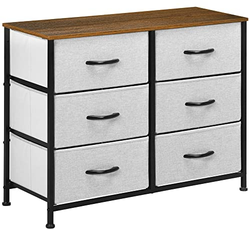 HOMCOM Cómoda Moderna Cajonera con 6 Cajones de Tela Plegable para Dormitorio Marco de Acero y Almohadillas Ajustables para Salón Recibidor 80x30x62,5 cm Gris y Marrón