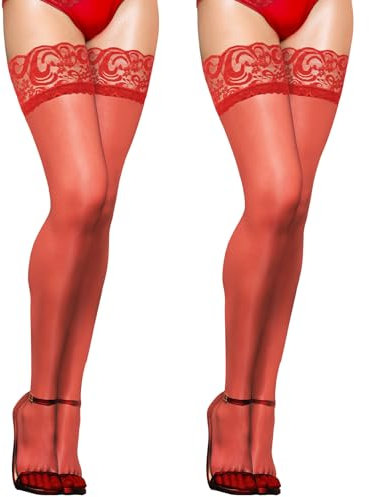Aomig Damen Netzstrümpfe, Stretch Mikrofaser Spitze Overknees, Rutschfest, Transparent, Halterlos, Silikonbänder, Rot, 1 Stück