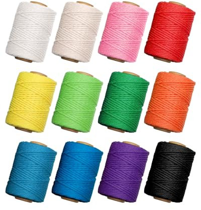 BS-VOG Buntes Makramee-Schnur Set, 3mm x 396 Yards, 12 Rollen 4-fädige Baumwollschnur für DIY-Bastelarbeiten, Wandbehänge, Aufbewahrungskörbe, Geschenkverpackung, Wohndekor und kreative Projekte
