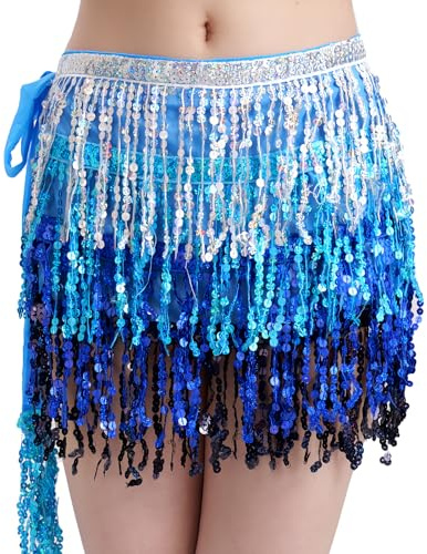 Shengxi Tofs paljetter kjol för dam, tofs danskjol mage hip halsduk rave tofs glitter kjol, karneval magdanskostym, Blå, one size