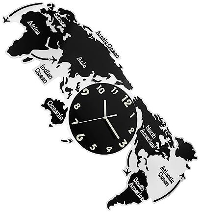 TOPPERFUN Weltkarte Wanduhr Acryl Stumm 80cm Schwarz Wohnzimmer Schlafzimmer Küchendekoration Ohne Batterie