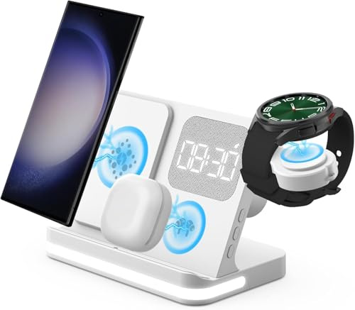 GLILAVOX 4 in 1 kabelloses Ladegerät mit Wecker Kompatibel mit Samsung,Induktive Ladestation für Galaxy Watch 8/7/FE/Ultra Galaxy Z Fold7/Z Flip7/FE/S26/S25/S24/S23 Ultra/Buds4 Ladestation(Weiß)