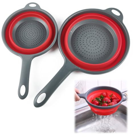 Comioke Collapsible Colander Set, 2pcs Folding Colander, Foldable Filter Drain Baskets, Collapsible Strainer, Red