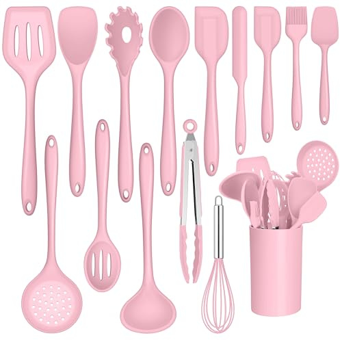 Joyfair Set di utensili da cucina, 15 pezzi, in silicone, resistenti al calore, con porta utensili, set di utensili da cucina, lavabili in lavastoviglie, colore: rosa