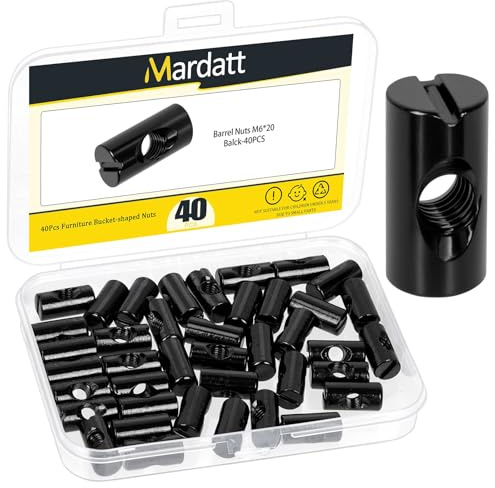 Mardatt Lot de 40 écrous barils M6 x 20 mm, en acier au carbone plaqué zinc noir, rainure de baril fendue pour vis de meubles en bois, lits, chaises à sertir