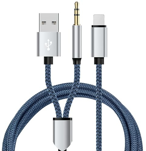 2-in-1 AUX-Kabel und Ladekabel für iPhone im Auto, Light-Ning auf 3,5 mm AUX-Kabel auf USB-Ladegerät, geflochtenes Audio-Kopfhörer-Klinkenkabel für Auto-Stereo-Lautsprecher für iPhone 14/14 Pro/14 Pro
