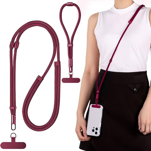Wesoke 3-In-1 Phone Lanyard Anti Theft Crossbody Phone Strap for Men Women, Adjustable Cell Phone Wrist Strap Neck Lanyard, Universal Cellphone Leash & Safety Strap Tether with Tether Tab, Wine Red