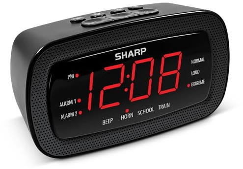 Sharp Shockwave Alarm Clock for Heavy Sleepers – 105dB Ultra-Loud Wake-Up, Air Horn, School Bell, Train Whistle, Beep, Dual Alarms, 3 Adjustable Volumes, LED Display Dimmer