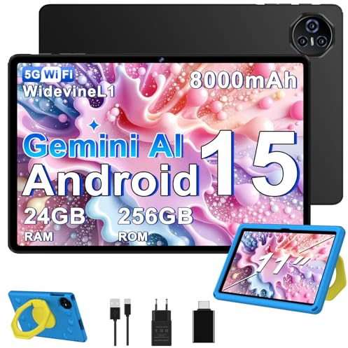 Tablette Enfants 11 Pouces Android 15, 24Go RAM+256Go ROM (2To Extensible), Octa-Core, 8000mAH, 5G/WiFi 6, 5+13MP, Contrôle Parental, avec EVA Étui de Protection Antichoc, 360° Rotatif Support （Bleu ）