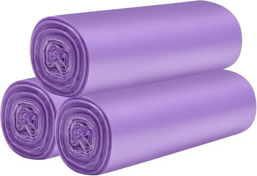 3 rollos de bolsas de basura pequeñas – 60 bolsas de basura resistentes de 15 litros para el hogar, oficina, cocina, baño y habitación infantil (morado)