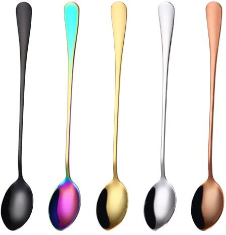 5 Pcs Long Handled Latte Spoons Set – 7.68 inch Stainless Steel Long Teaspoons – Tea Spoons for Coffee, Espresso, Ice Cream Sundae Dessert (Silver, Gold, Rose Gold, Rainbow, Black)