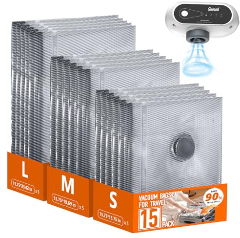 Snocod Travel Vacuum Bags with Wireless Pump, 15 Pack Vacuum Storage Bags with Powerful -70KPa Suction, for Maximum Compression in Luggage, Travel and Home Use for Clothes and Blankets.