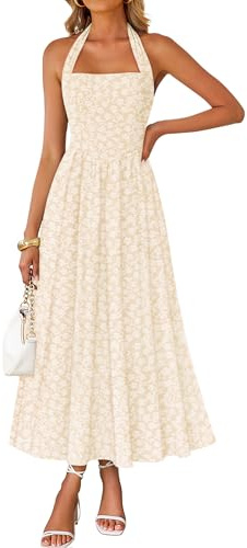 ZESICA Women's Summer Sleeveless Floral Maxi Dresses 2026 Halter Neck Wedding Guest Cocktail Party Flowy A Line Long Dress Apricot Small