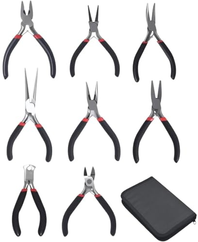 Profi Juwelierzange Set, 8 Stück Set, Präzisionszange mit Tasche, Schneidwerkzeuge, Biegen, Klemmen, für Schmuckherstellung, Mini Kohlenstoffstahl Zange