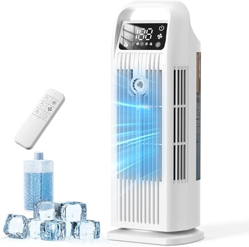 Portable Air Cooler, 6 in 1 Air Conditioner 1200ML Evaporative Air Cooler with Remote Control, 120° Oscillating 4 Speeds 12H Timer Mist Spray Tower Fan for Home Office（Off White）