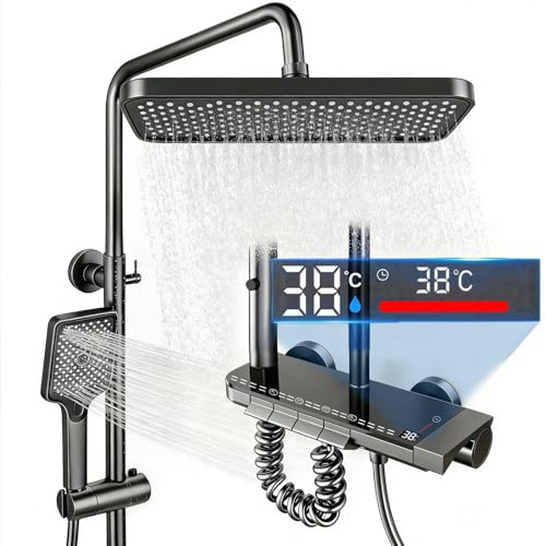 TEKXDD Colonne de Douche Thermostatique Titanium 4 en 1 - Colonne de Douche avec Mitigeur | Écran LED | Effet Pluie 30cm | Hauteur Réglable 83-110cm, pour Baignoire et Salle de Bain