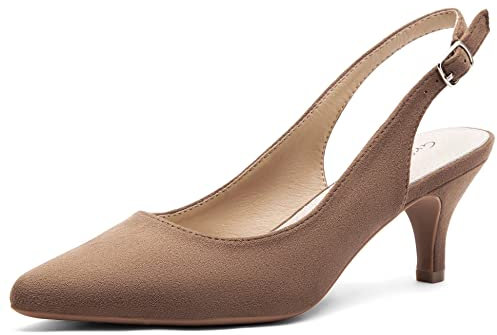 Greatonu Womens Court Shoes Pointed Toe Buckle Slingback Low Heel Shoes for Wedding Party Taupe 5 UK