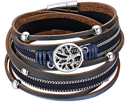 Flongo Damenarmband Frauen Armband Damen Lederarmband, Metall Leder Armband Armreif Geflochten Lederband Baum des Lebens Tree of Life Schwarz Braun Rot Surfer Wickelarmband