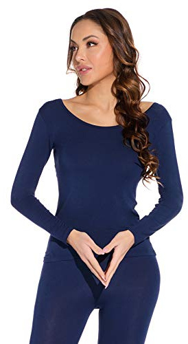 Mcilia Camiseta Interior para Mujer de Capa Térmica Modal de Manga Larga con Cuello Redondo Bajo Azul Clásico Medium (EU 40 42)