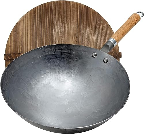 Vinbcorw Wok, wok artesanal de acero al carbono, 30/32/34 cm Ø fondo redondo acero al carbono para estufa de gas, 1,5 mm de espesor, con mango de madera y acero,32CM