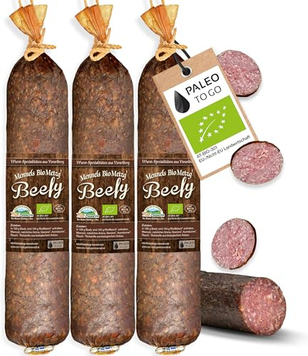 PALEO TO GO Beefy Salami [100% BIO] – High Protein Snack, Rindersalami Sticks – Luftgetrocknete Bio Wurst, Low Carb Eiweiß Snack – 3 Stück Salami Snack ohne Konservierungsstoffe