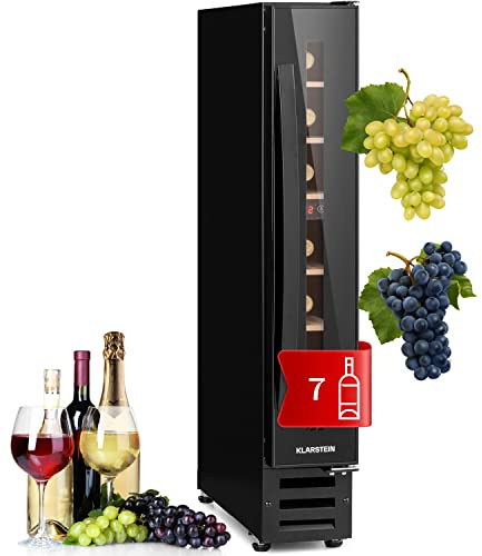 Klarstein Weinkühlschrank, 1 Zonen Getränkekühlschrank, Kleiner Einbau-Weinschrank Schmal, 20L Wein-Kühlschrank mit Glastür, Indoor/Outdoor Flaschenkühlschrank, Wine Fridge 5-22°C, 7 Flaschen