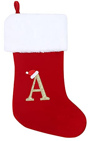 20 Inches Monogram Christmas Stockings with Letters,Red Velvet with White Super Soft Plush Cuff Embroidered Xmas Stockings Classic Personalized Stocking Decorations for Christmas Holiday Xmas Gift