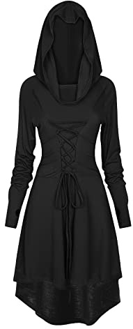 TSIRNK - Abito gotico con cappuccio, da donna, medievale e rinascimentale, per Halloween e carnevale (nero, XL)