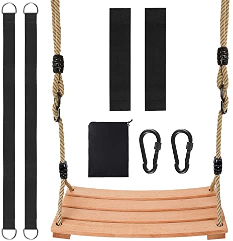 Holzschaukel Outdoor für Kinder und Erwachsene,Holz Schaukelsitz mit höhenverstellbarem Seil, Garten Schaukel für Innen- und Außenbereich, bis zu 100 kg belastbar