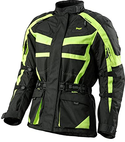 Bangla Damen Motorrad Jacke Motorradjacke Textil mit Protektoren in Ellbogen, Schulter und Rücken schwarz mit Neon S