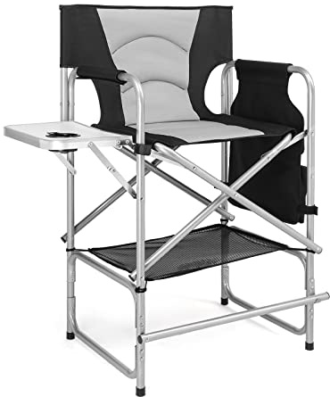 mefeir Tall Camping Chair Makeup Artist Director Chair 26 Counter Height, Portable Folding Design with Side Table, Cup Holder & Side Storage Bag, Heavy-Duty Iron Frame (300 lbs Capacity)
