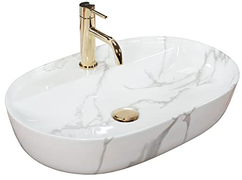 Rea AURA 61 Marble SHINY Countertop Washbasin Bathroom Sink 610 x 410 x 130 mm Ceramic (White, Imitation Marble)