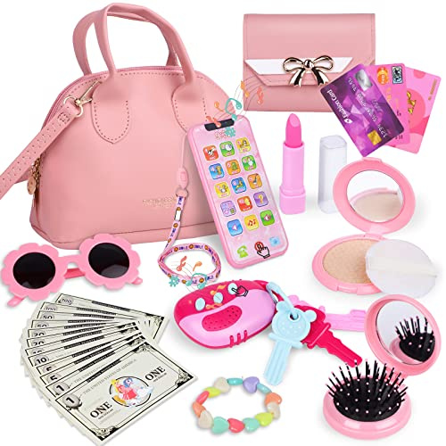 Learn2M Sac à Main pour Tout Petits Filles avec Accessoires,Maquillage pour Enfants Portefeuille Un Téléphone Lunettes de Soleil Clés Cartes de Crédit Cadeau pour Les Filles 3+