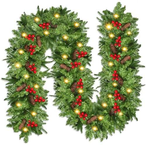 NUZEKY Weihnachtsgirlande, 2.7M/9Ft Tannengirlande mit 30 LED Beleuchtung, Girlande Weihnachten Weihnachtsgirlande Aussen mit Blumen Kugeln für Indoor Außen Kamin Treppe Mantel Urlaub Weihnachtsdeko