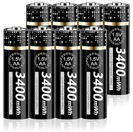 Batterie Ricaricabili AA al Litio 3400mWh - 8 Pezzi 1.5V Pile Ricaricabile AA ad Alta Capacità, Ricarica Rapida 1200 Volte, Ciclo Lungo e a Prova di Versamento