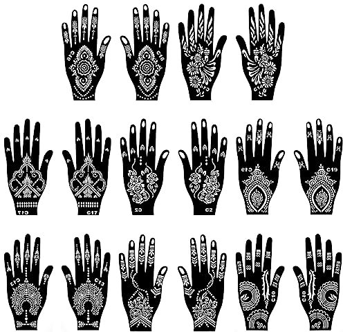 Vesaneae 16 Fogli di stencil per tatuaggi glitterati all'henné,Fogli Tatuaggi Temporanei Henné,Stencil per Tatuaggi per Donne,Stencil a fiori per pittura del corpo,per viso e corpo