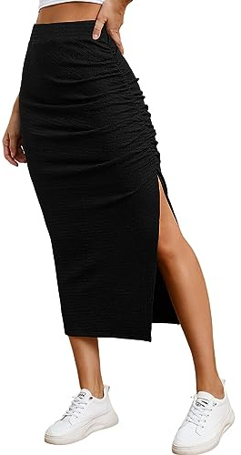 EARKOHA Falda midi de tubo para mujer, falda entallada elástica de punto acanalado con abertura para otoño, casual, cintura alta, fruncida, Negro -, XL