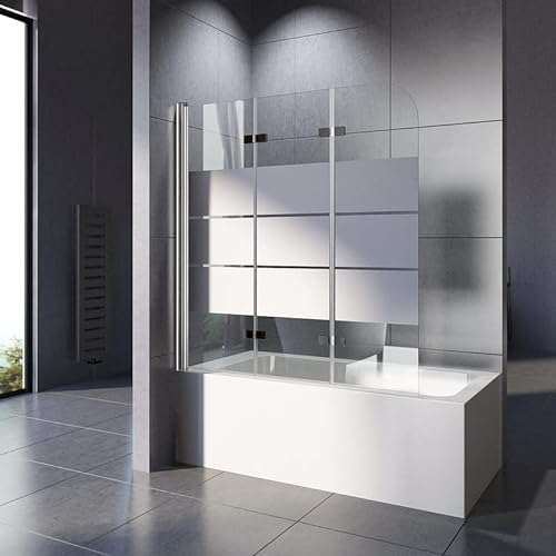 Duschwand für Badewanne Gestreift 130x140 CM Badewannenaufsatz Duschwand 3-teilig Faltbar 6 mm ESG Sicherheitsglas Duschabtrennung Badewanne